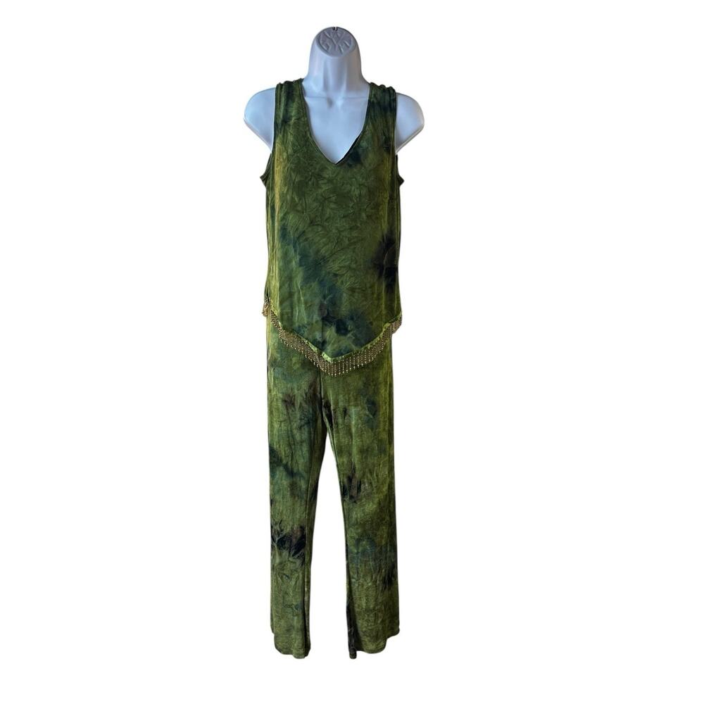 Vintage Carole Little 2 Pc Set Olive Tie Dye Beaded Fringe Tank L Pants M Boho